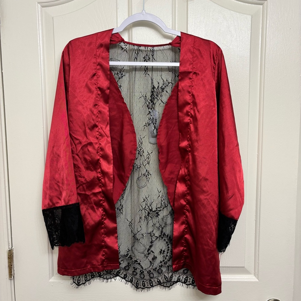 Red Satin Lace Kimono Robe Sheer Black Mesh Panel Lingerie Cover Up Size Small